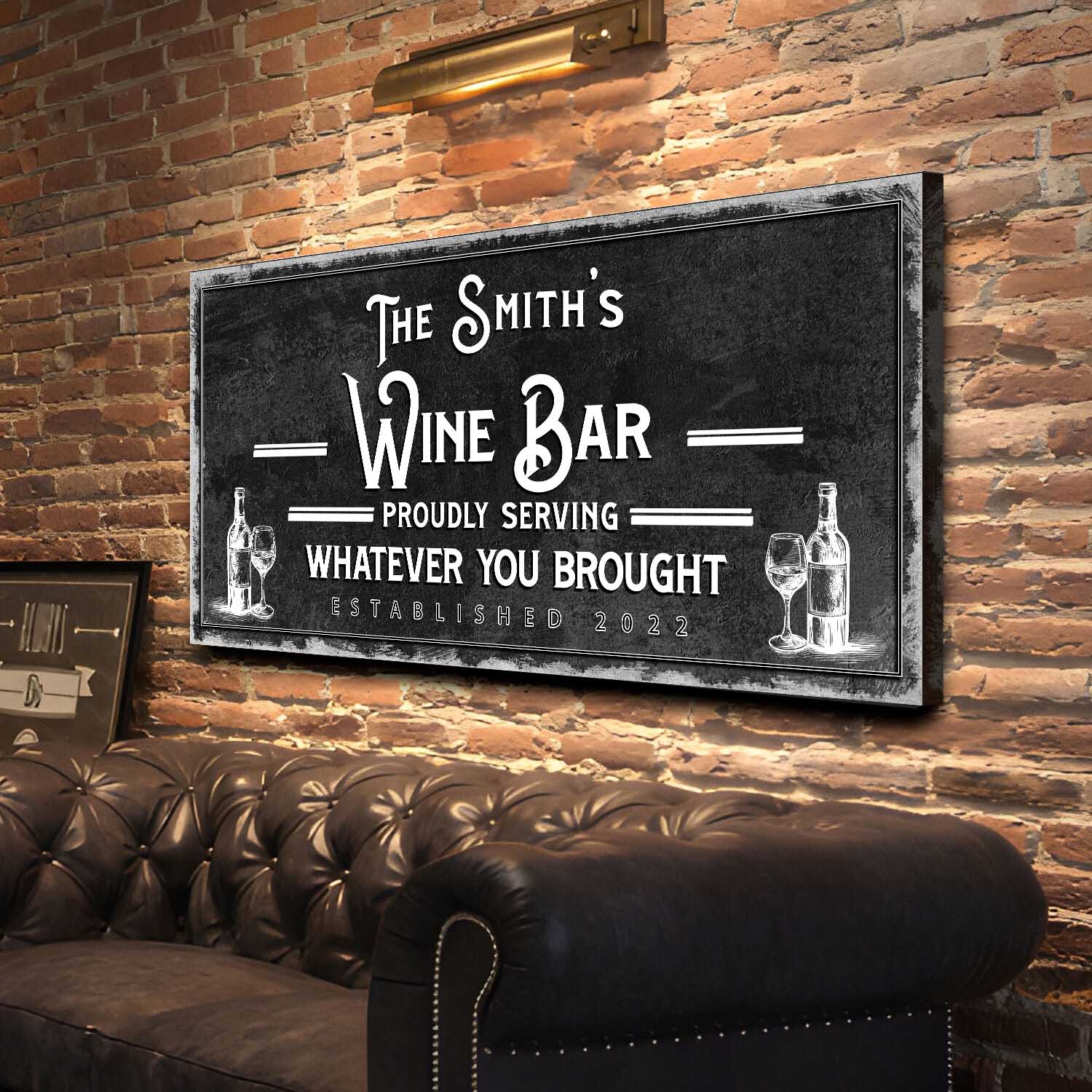 Personalized Wine Bar Sign canvas Tailored Canvases, chalkboard visuals on brick wall on Tampa Home & Garden Store
