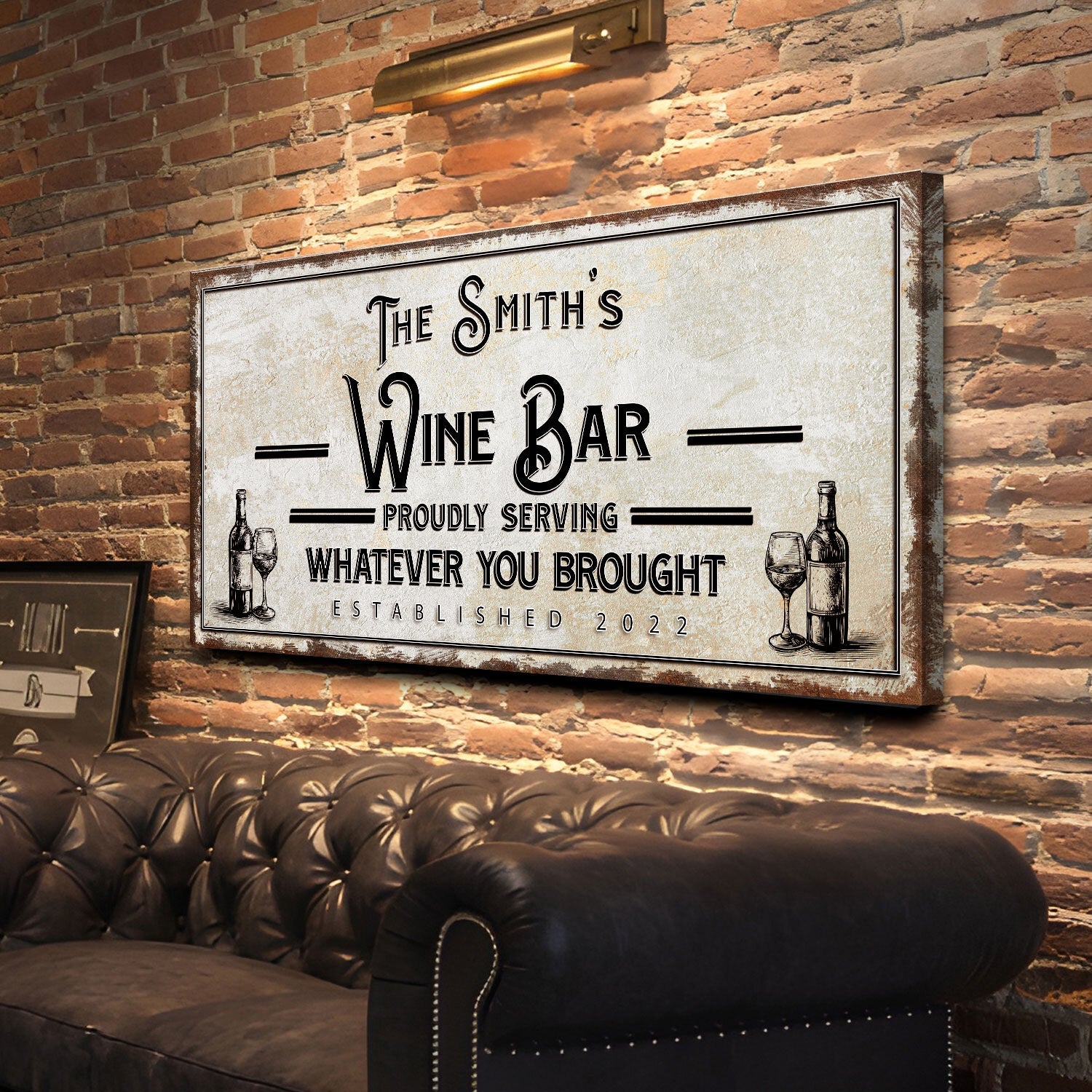 Personalized Wine Bar Sign II canvas with wine bottle art on brick wall on Tampa Home & Garden Store