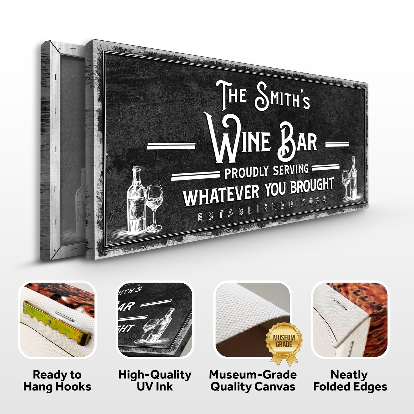 Personalized Wine Bar Sign canvas by Tailored Canvases, distressed black with white lettering on Tampa Home & Garden Store