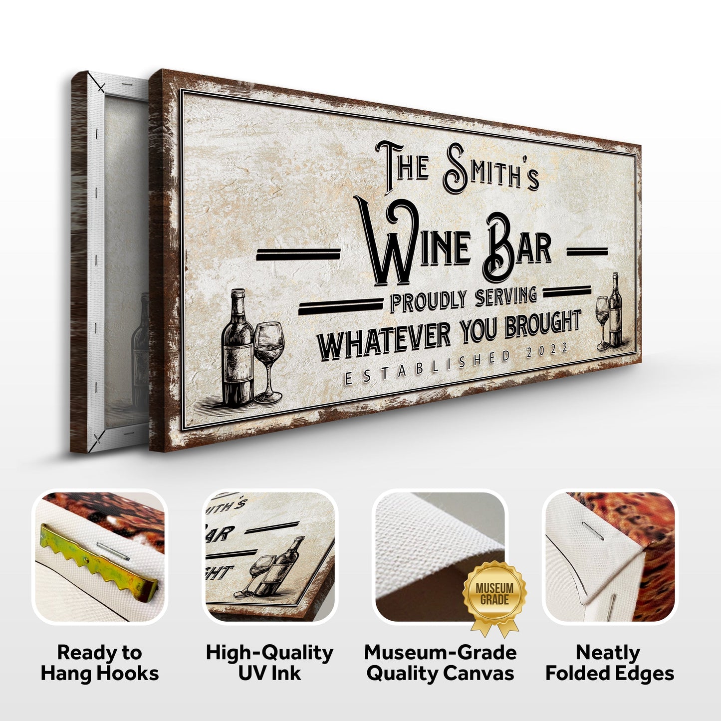 Personalized Wine Bar Sign II canvas by Tailored Canvases, rustic distressed beige canvas with brown frame on Tampa Home & Garden Store