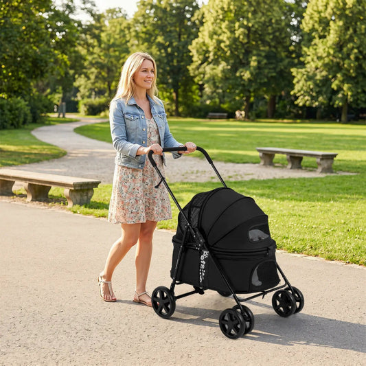 DirectDeals Foldable Pet Stroller for small to medium dogs, black with brake in park on Tampa Home & Garden Store
