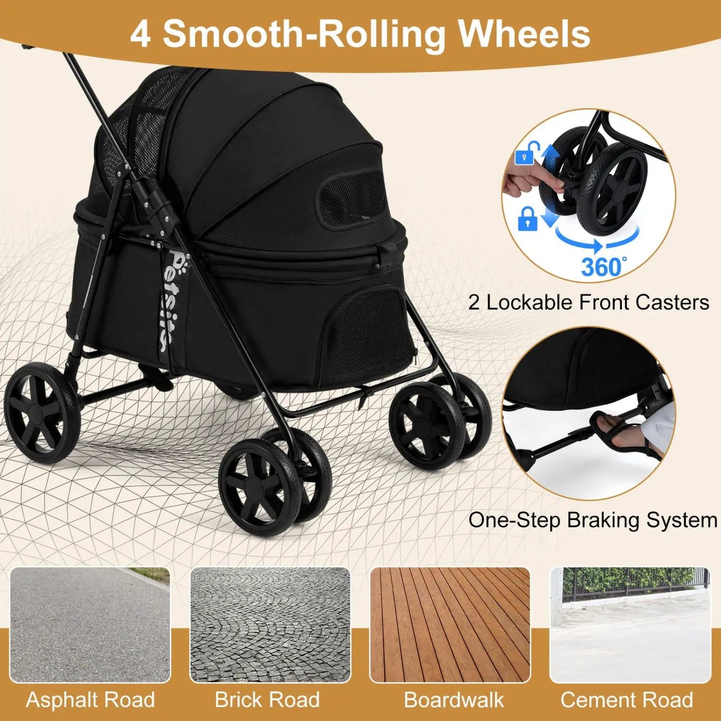 Foldable Pet Stroller for Small Dogs Brake