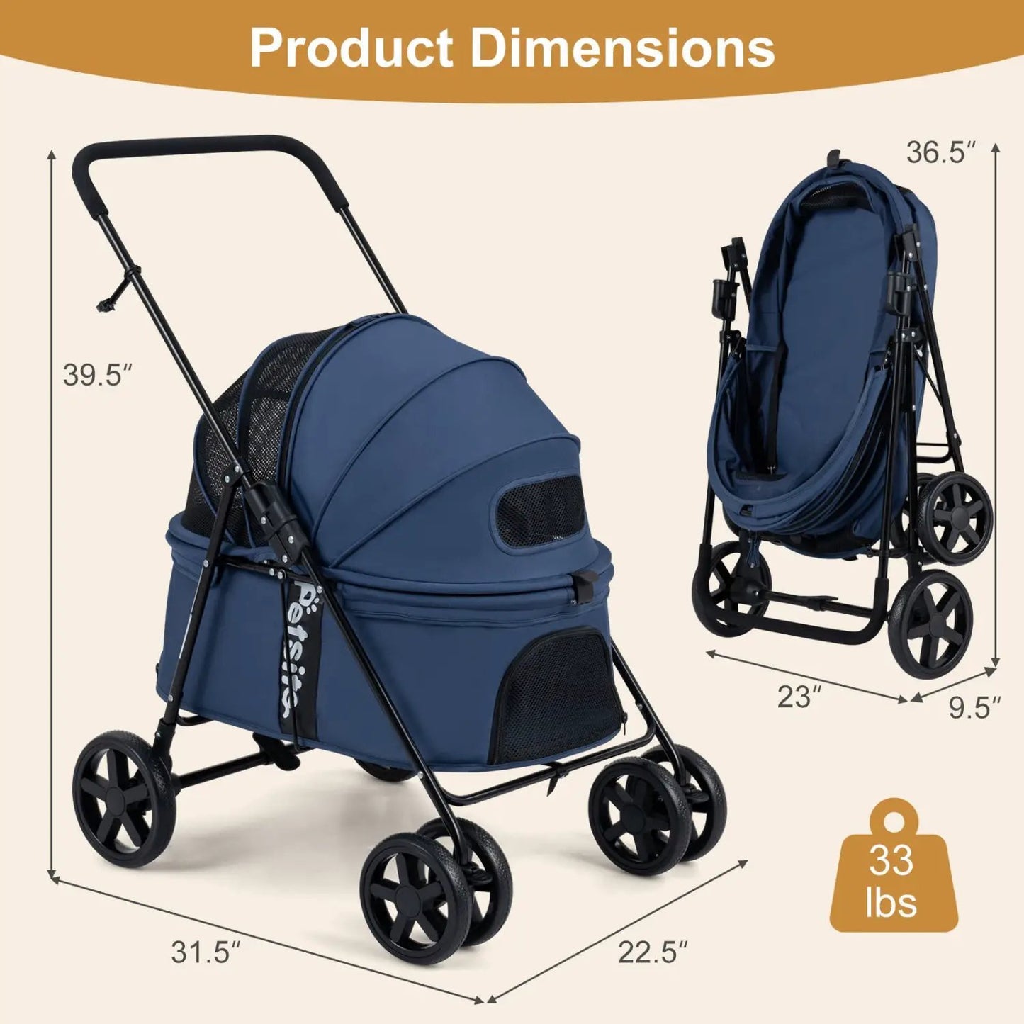 Foldable Pet Stroller for Small Dogs Brake
