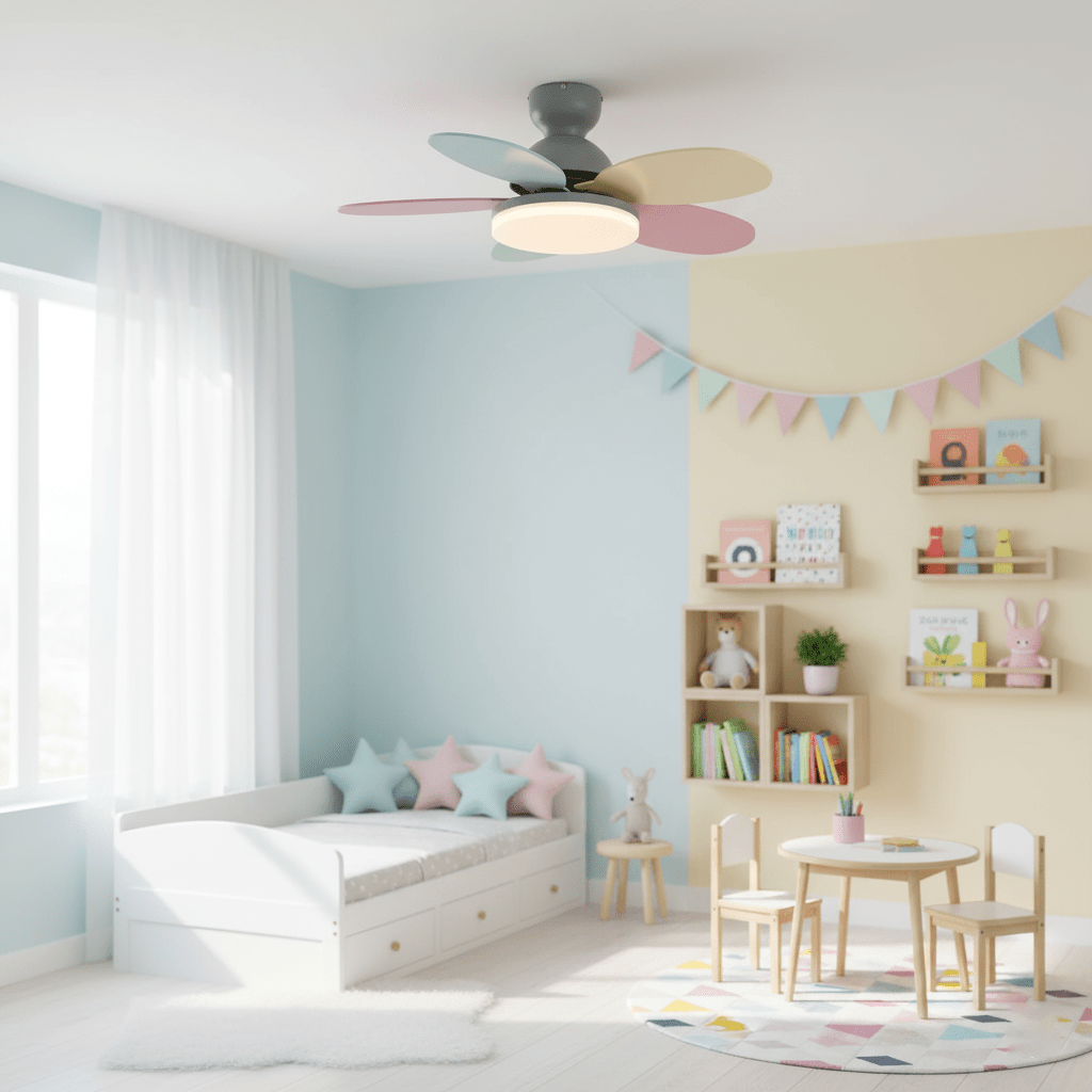Petal-Shaped ceiling fan with LED light and remote by Moktan Sabai in pastel blade colors on Tampa Home & Garden Store