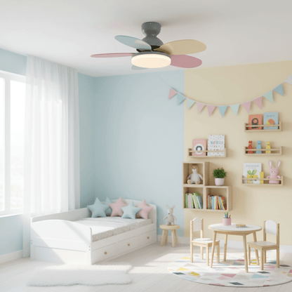 Petal-Shaped ceiling fan with LED light and remote by Moktan Sabai in pastel blade colors on Tampa Home & Garden Store