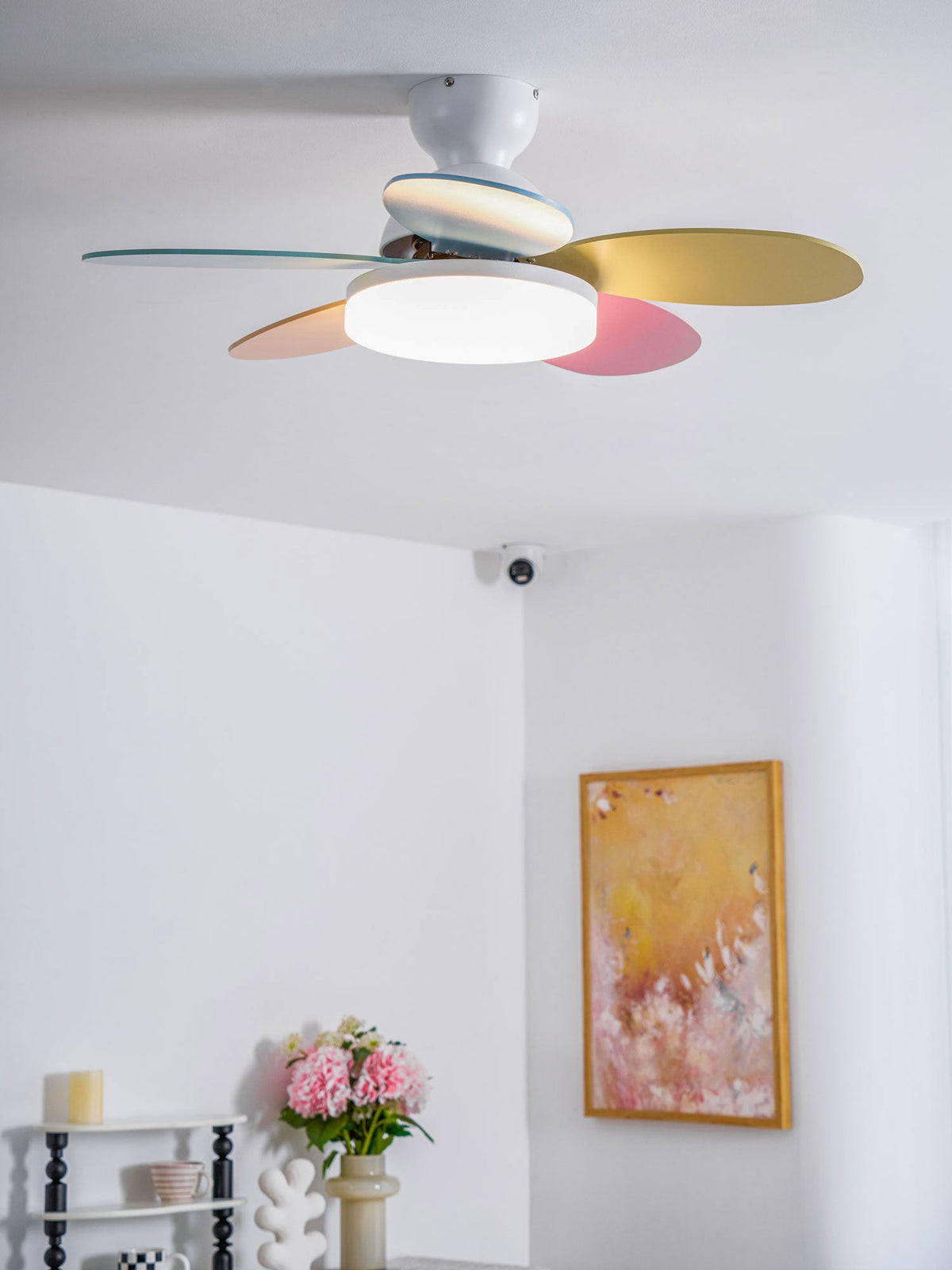 Petal-shaped ceiling fan with LED light and remote, Moktan Sabai, pastel blades, DC motor on Tampa Home & Garden Store