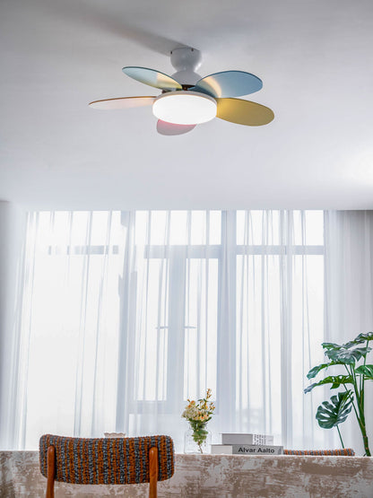 Petal-Shaped Ceiling Fan with LED Light and pastel blue pink and yellow blades on white ceiling on Tampa Home & Garden Store