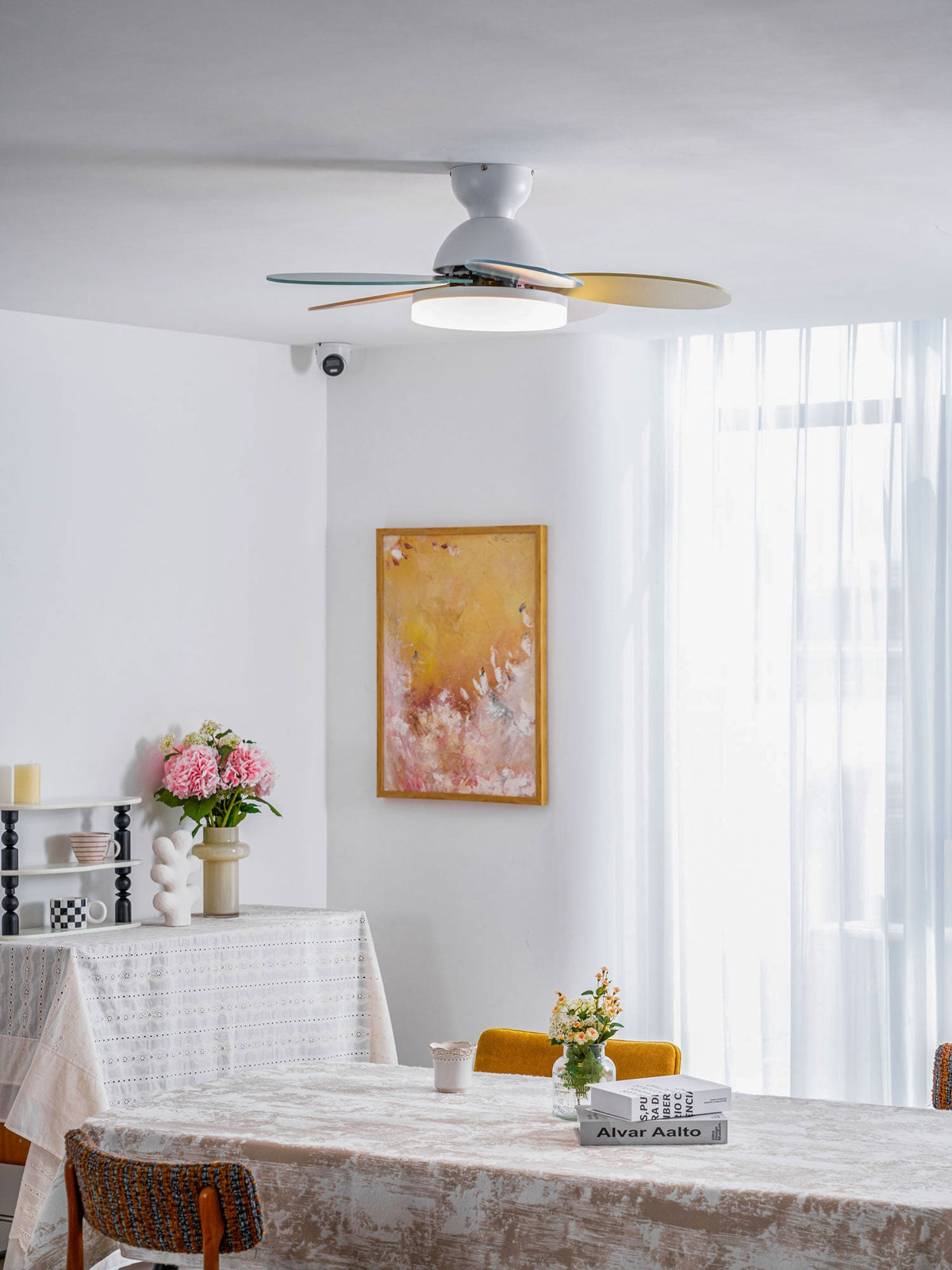 Petal-Shaped Moktan Sabai ceiling fan with LED light and remote, white housing on Tampa Home & Garden Store