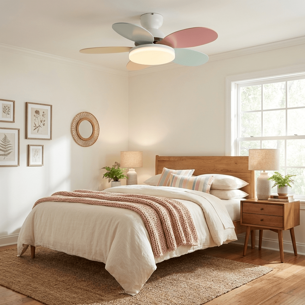 Petal-Shaped Moktan Sabai ceiling fan with LED light, remote, pastel blades on Tampa Home & Garden Store