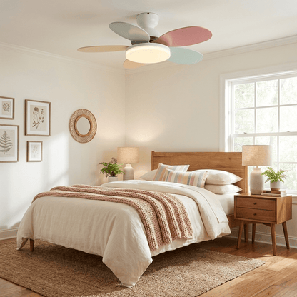 Petal-Shaped Moktan Sabai ceiling fan with LED light, remote, pastel blades on Tampa Home & Garden Store