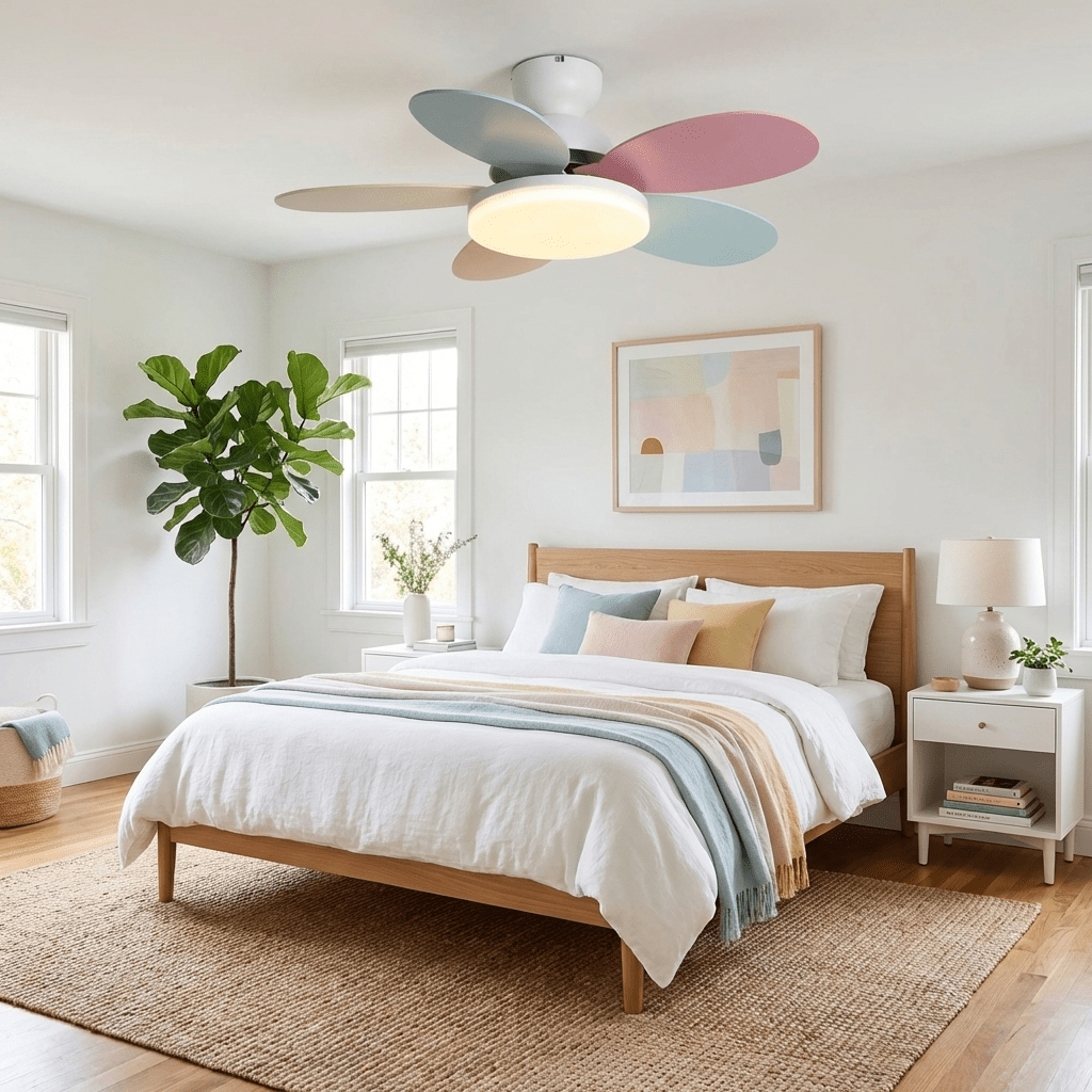 Petal-shaped Moktan Sabai ceiling fan with LED light and remote, pastel blades, quiet DC motor on Tampa Home & Garden Store