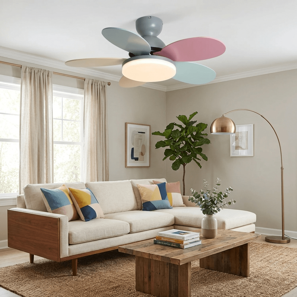 Petal-Shaped ceiling fan with LED light and remote; pastel multicolor blades in living room on Tampa Home & Garden Store