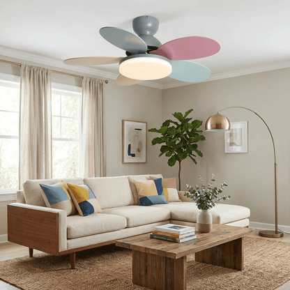 Petal-Shaped ceiling fan with LED light and remote; pastel multicolor blades in living room on Tampa Home & Garden Store