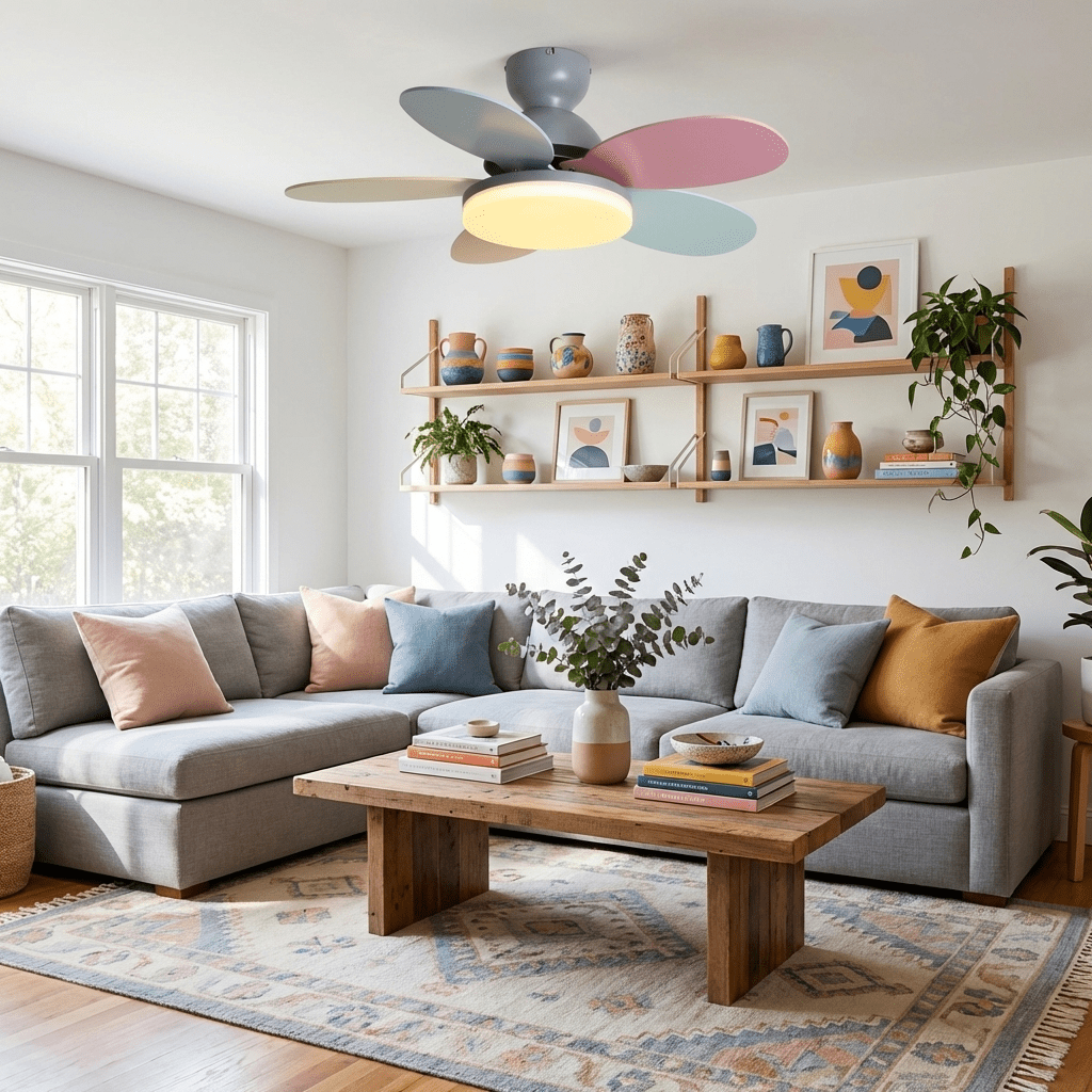 Petal-shaped ceiling fan with LED light and remote, Moktan Sabai, quiet DC motor on Tampa Home & Garden Store