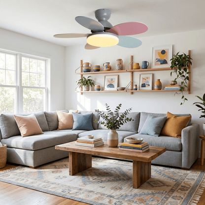 Petal-shaped ceiling fan with LED light and remote, Moktan Sabai, quiet DC motor on Tampa Home & Garden Store