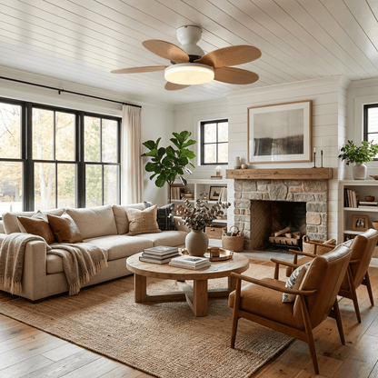 Petal-Shaped Moktan Sabai ceiling fan with LED light and remote, wood blades on Tampa Home & Garden Store