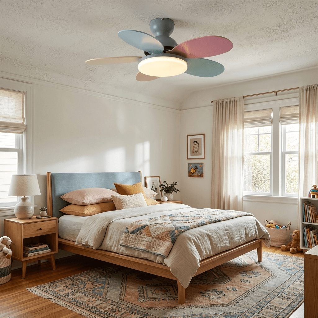 Petal-Shaped Moktan Sabai ceiling fan with colorful blades, LED light and remote in a bedroom on Tampa Home & Garden Store