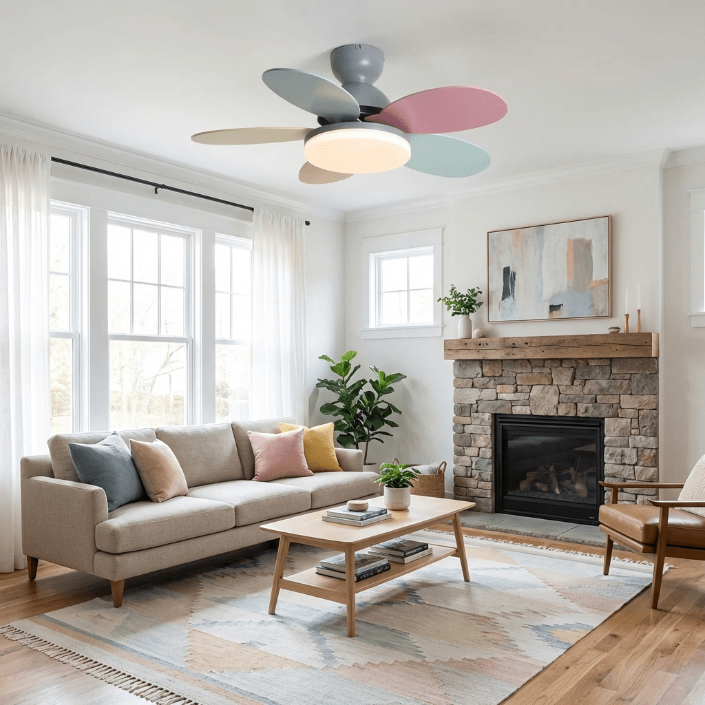 Petal-Shaped Ceiling Fan with LED Light and Remote by Moktan Sabai, pastel blades, DC motor on Tampa Home & Garden Store