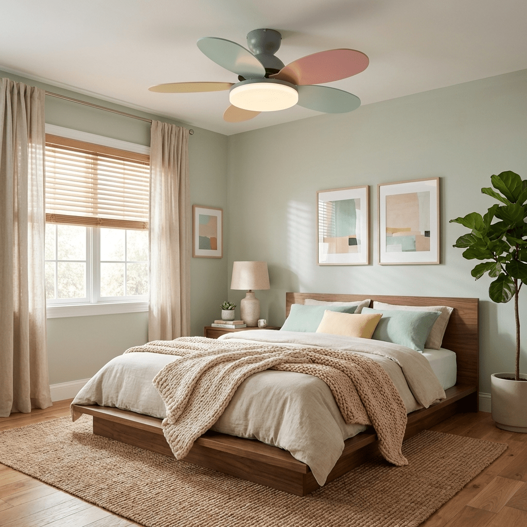 Petal-Shaped Ceiling Fan by Moktan Sabai with LED light, colorful blades, and remote on Tampa Home & Garden Store