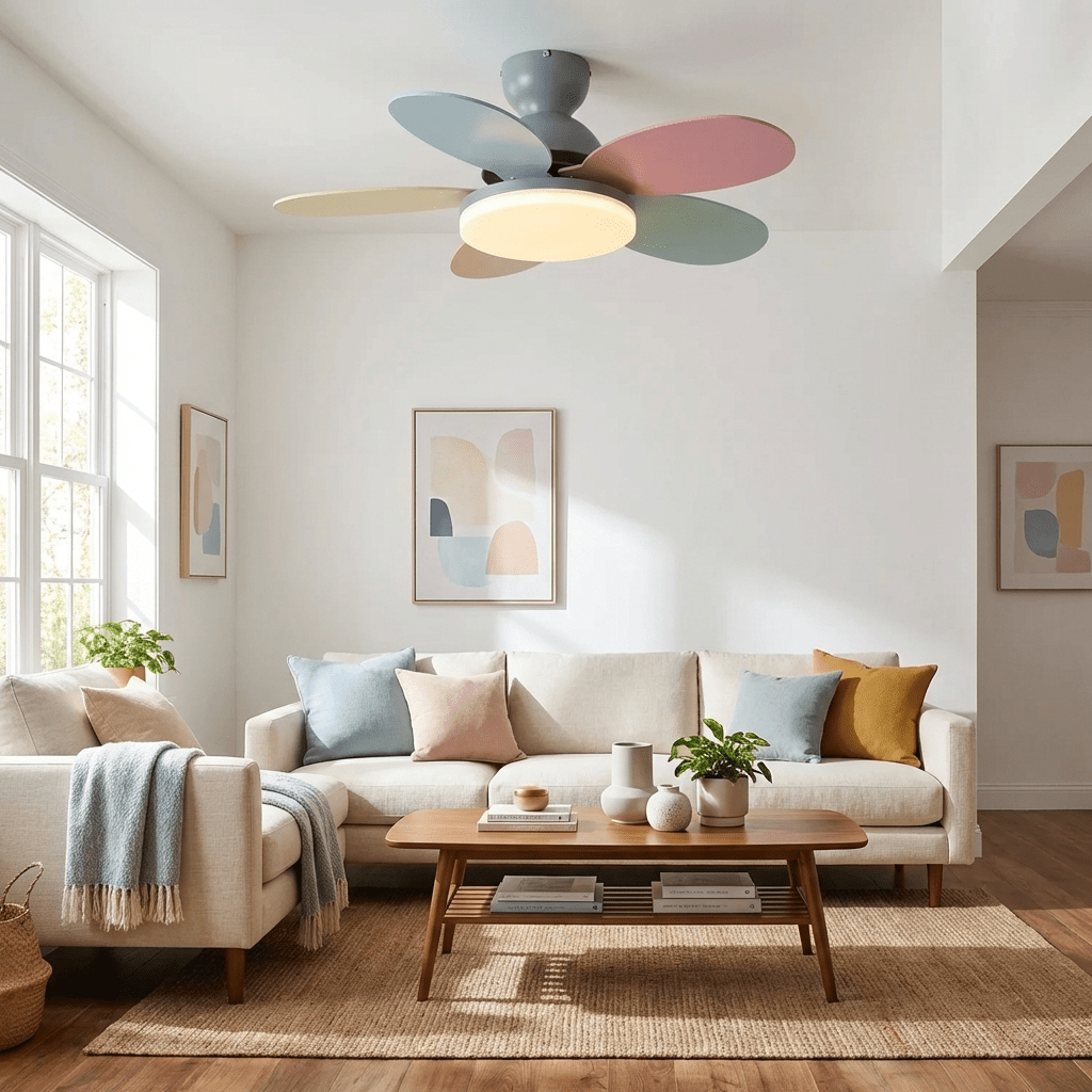 Petal-shaped Moktan Sabai ceiling fan with LED light and remote, pastel blade colors on Tampa Home & Garden Store