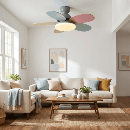 Petal-shaped Moktan Sabai ceiling fan with LED light and remote, pastel blade colors on Tampa Home & Garden Store