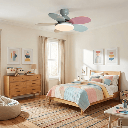 Petal-Shaped Moktan Sabai ceiling fan with pastel blades, LED light, remote on Tampa Home & Garden Store