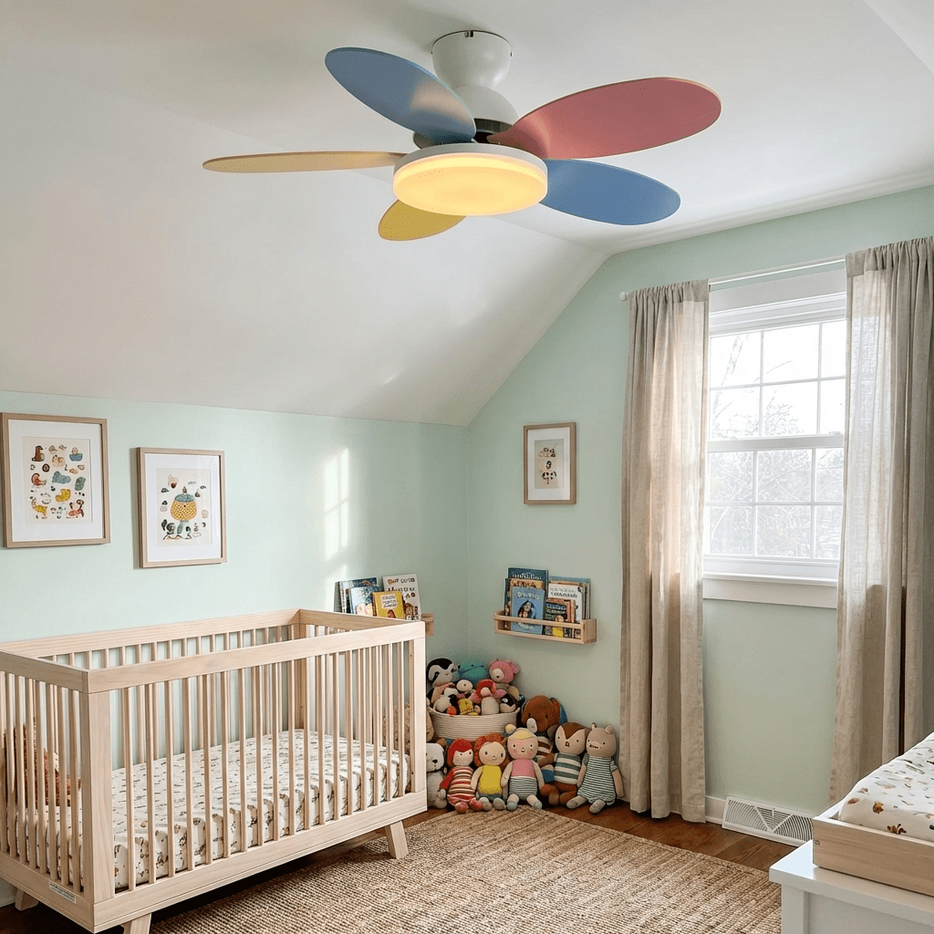 Petal-Shaped Ceiling Fan with LED Light and Remote by Moktan Sabai, pastel blades in nursery on Tampa Home & Garden Store