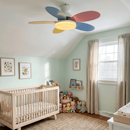 Petal-Shaped Ceiling Fan with LED Light and Remote by Moktan Sabai, pastel blades in nursery on Tampa Home & Garden Store