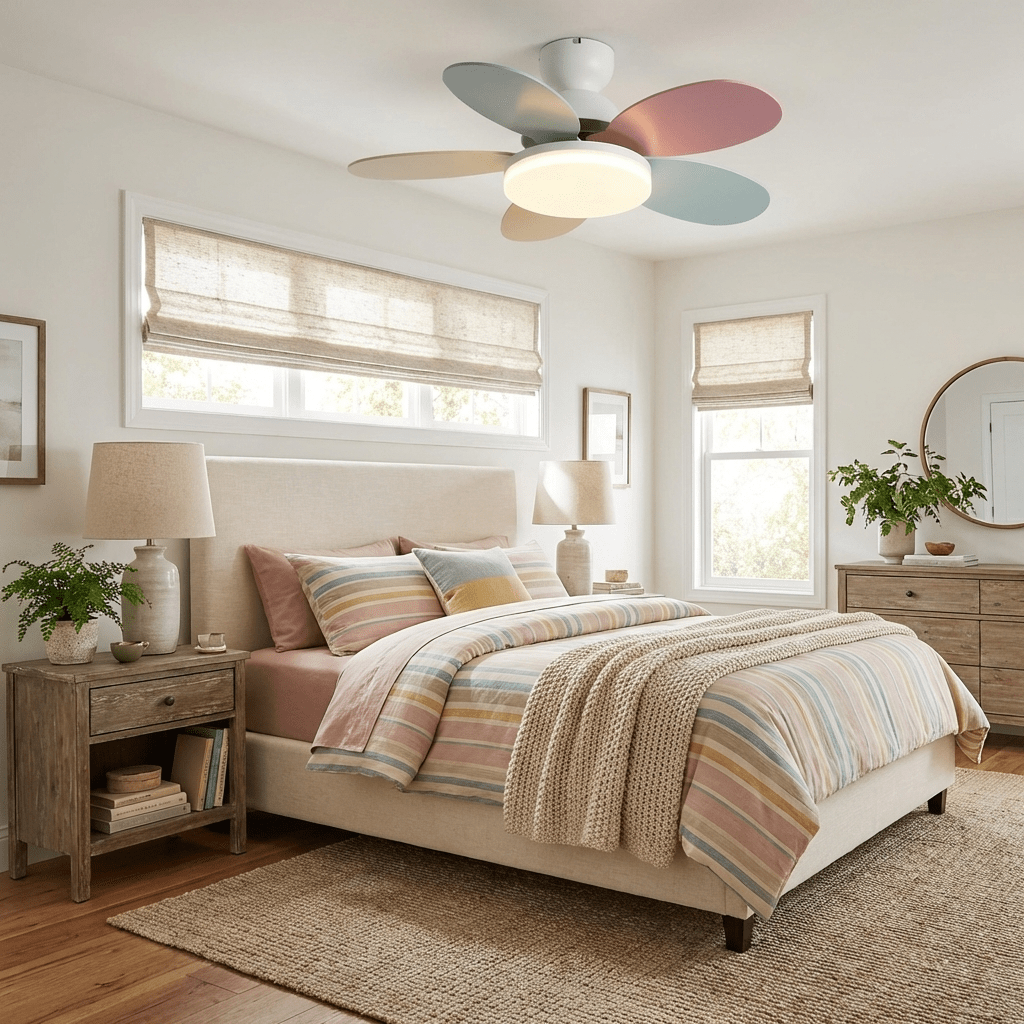 Petal-Shaped Moktan Sabai ceiling fan with pastel blades and LED light in a bright bedroom on Tampa Home & Garden Store