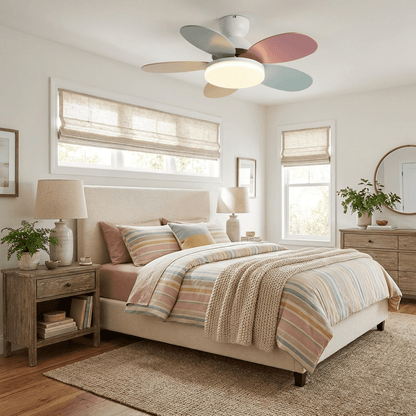 Petal-Shaped Moktan Sabai ceiling fan with pastel blades and LED light in a bright bedroom on Tampa Home & Garden Store