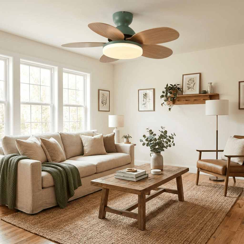 Moktan Sabai petal-shaped ceiling fan with LED ring light and remote, green motor in living room on Tampa Home & Garden Store