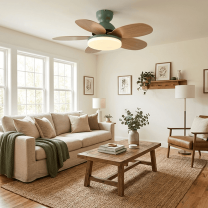Moktan Sabai petal-shaped ceiling fan with LED ring light and remote, green motor in living room on Tampa Home & Garden Store