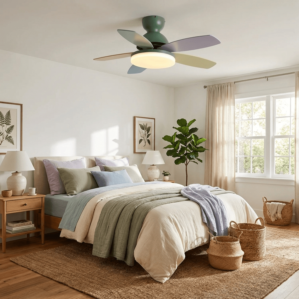 Petal-shaped ceiling fan Moktan Sabai with LED light and remote in a bedroom with pastel blades on Tampa Home & Garden Store
