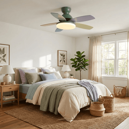 Petal-shaped ceiling fan Moktan Sabai with LED light and remote in a bedroom with pastel blades on Tampa Home & Garden Store