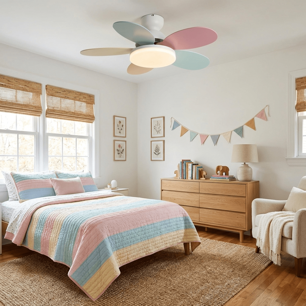 Petal-Shaped ceiling fan with pastel blades, LED light, and remote by Moktan Sabai on Tampa Home & Garden Store
