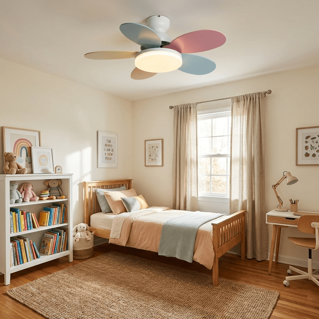 Petal-shaped ceiling fan with LED light and remote, pastel blades in a child's bedroom on Tampa Home & Garden Store