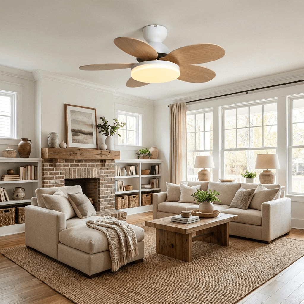 Petal-Shaped Ceiling Fan with LED Light and Remote, natural wood blades on Tampa Home & Garden Store