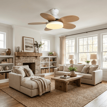 Petal-Shaped Ceiling Fan with LED Light and Remote, natural wood blades on Tampa Home & Garden Store