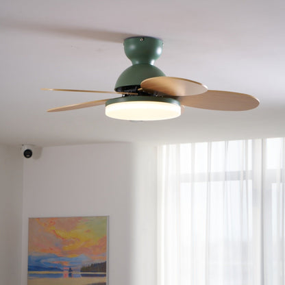 Petal-Shaped ceiling fan with LED light, green motor housing, 4 wood blades, remote on Tampa Home & Garden Store