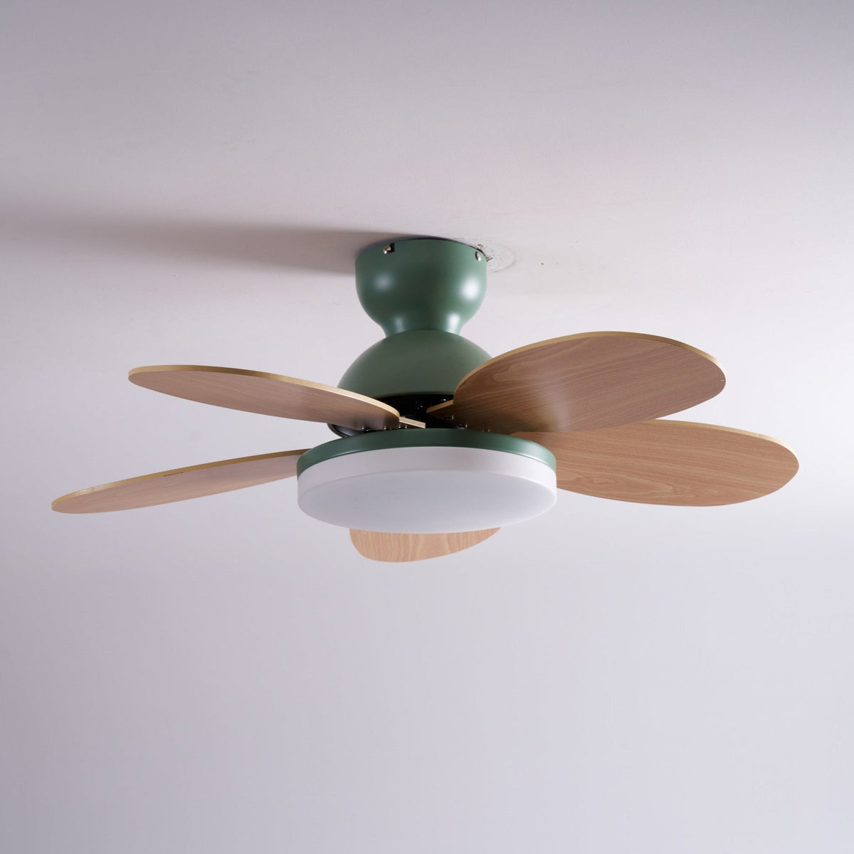 Petal-Shaped Moktan Sabai ceiling fan with LED light, green body and wooden blades, remote on Tampa Home & Garden Store