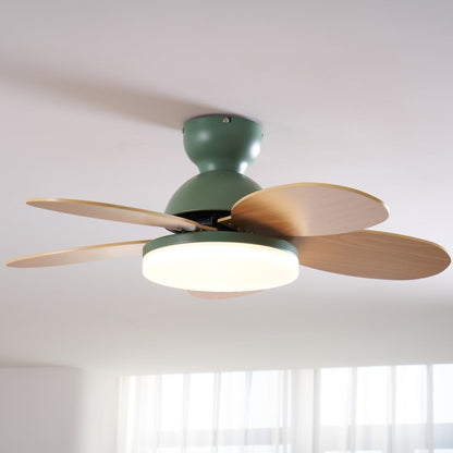 Petal-Shaped Moktan Sabai ceiling fan green motor housing, wooden blades, LED light, remote on Tampa Home & Garden Store