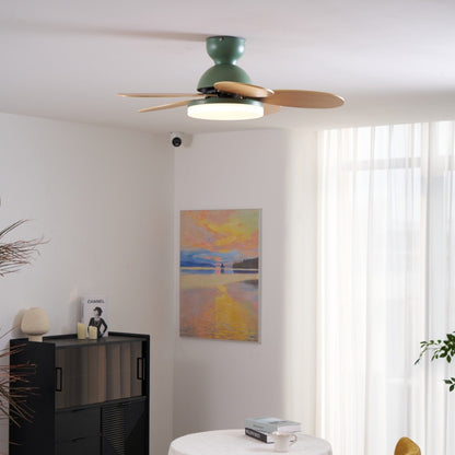Petal-Shaped Ceiling Fan with LED Light by Moktan Sabai, green motor housing and wood blades on Tampa Home & Garden Store