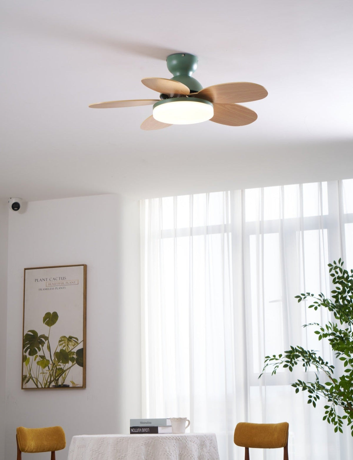 Petal-Shaped Moktan Sabai ceiling fan with LED light and remote featuring a green motor on Tampa Home & Garden Store