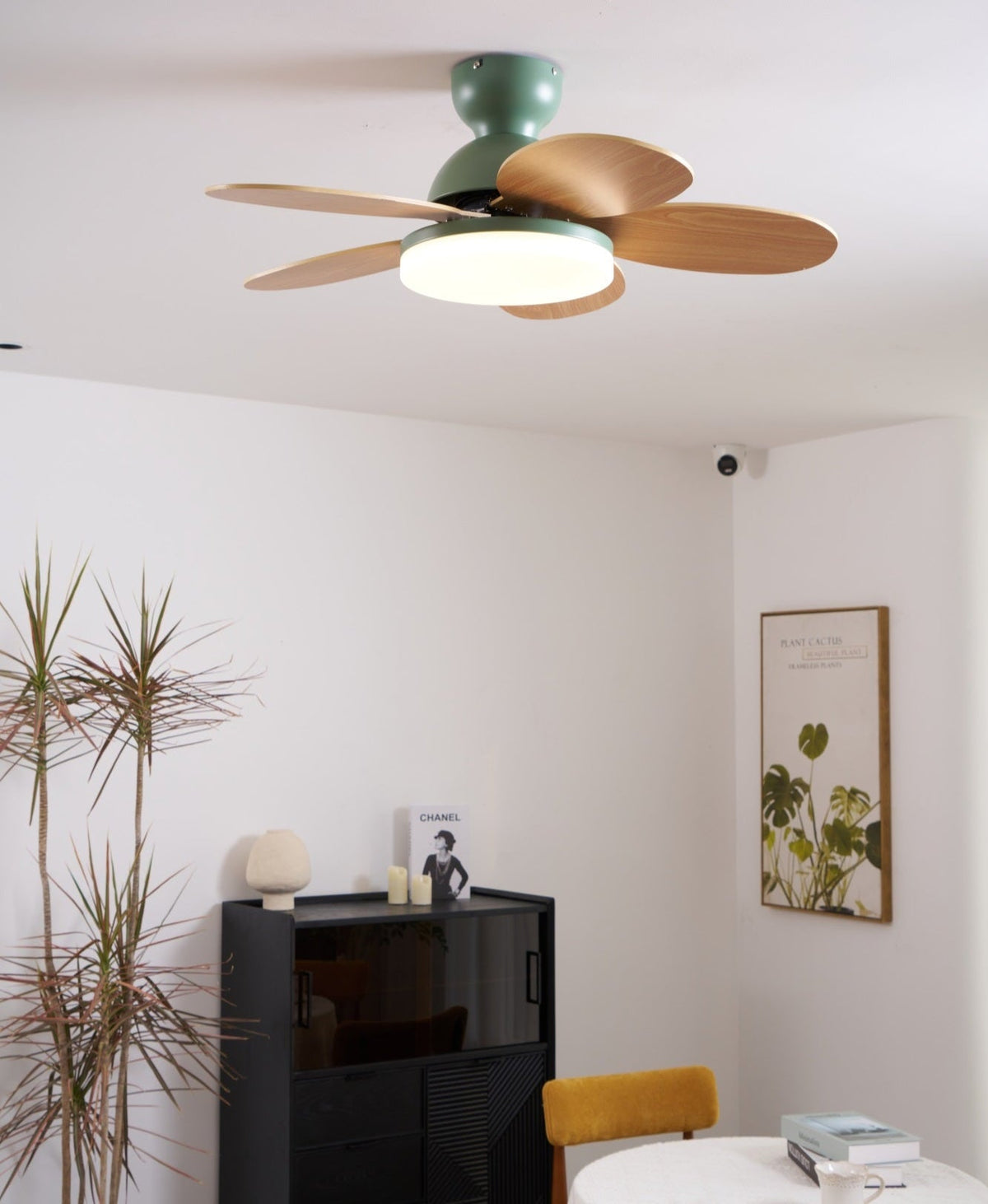 Petal-Shaped Ceiling Fan with LED Light by Moktan Sabai, green housing, wood blades, remote on Tampa Home & Garden Store