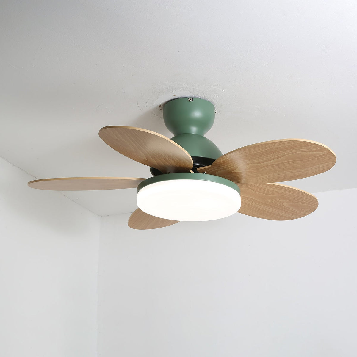 Petal-Shaped Moktan Sabai ceiling fan with wooden blades, LED light, remote, quiet reversible DC motor on Tampa Home & Garden Store