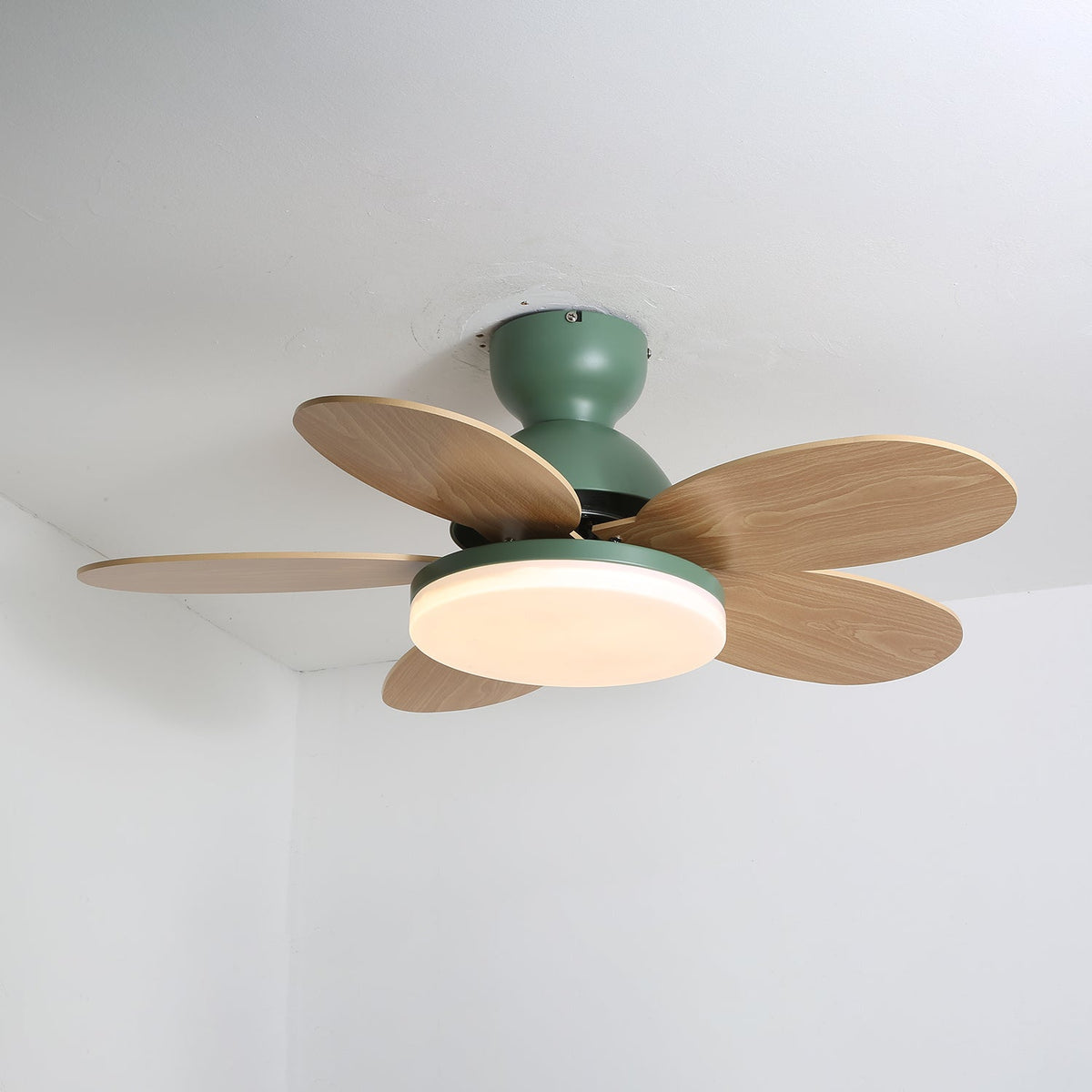 Petal-Shaped Ceiling Fan with LED Light, Moktan Sabai green body, wood blades, remote on Tampa Home & Garden Store