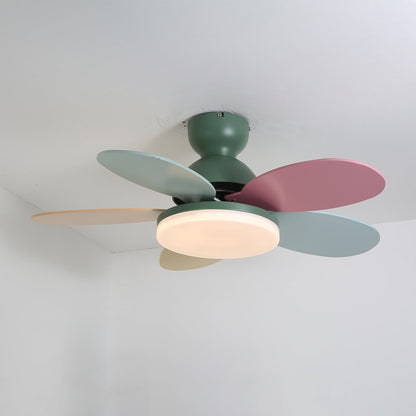 Petal-shaped ceiling fan with pastel blades and integrated LED light on green housing on Tampa Home & Garden Store