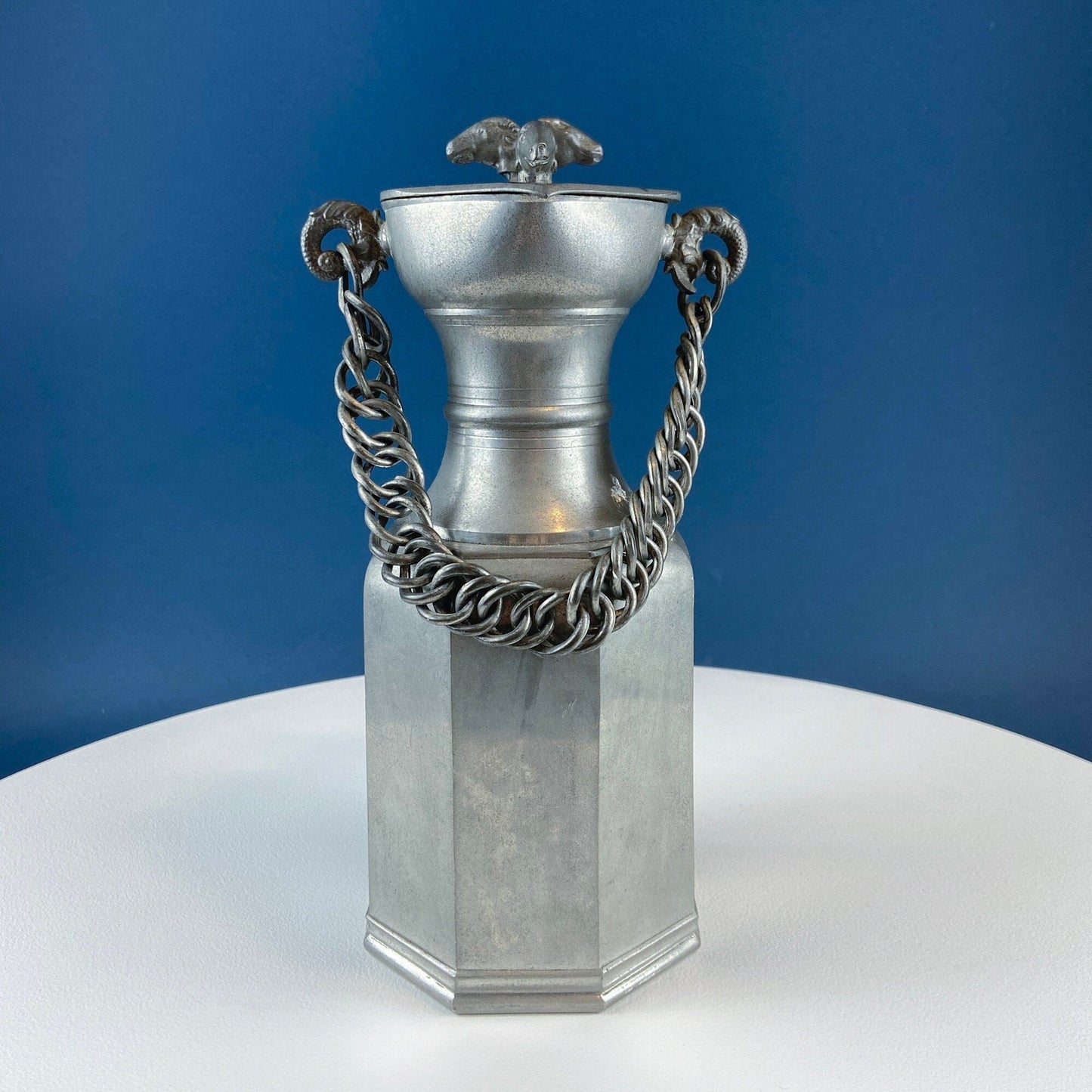 Pewter Jug with Ram Details & Chain. Swiss Aarau Hand Made Tankard Pitcher Vase. For Dry or Live Flowers. Rustic Home Display. Gift for Dad. - Tampa Home & Garden Store