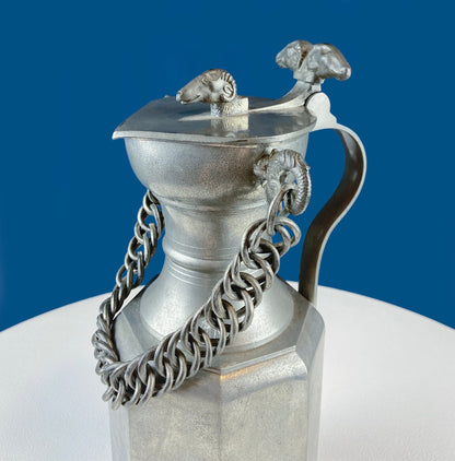 Pewter Jug with Ram Details & Chain. Swiss Aarau Hand Made Tankard Pitcher Vase. For Dry or Live Flowers. Rustic Home Display. Gift for Dad. - Tampa Home & Garden Store
