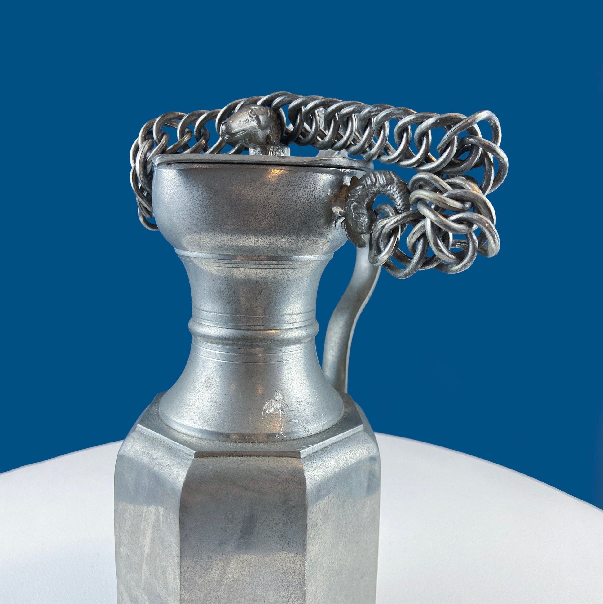 Pewter Jug with Ram Details & Chain. Swiss Aarau Hand Made Tankard Pitcher Vase. For Dry or Live Flowers. Rustic Home Display. Gift for Dad. - Tampa Home & Garden Store